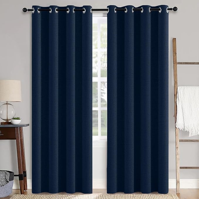 MIULEE 100% Blackout Linen Textured Curtains for Bedroom Solid Thermal Insulated Midnight Blue Grommet Room Darkening Curtains & Drapes Luxury Decor for Living Room 52 x 96 Inch (2 Panels)