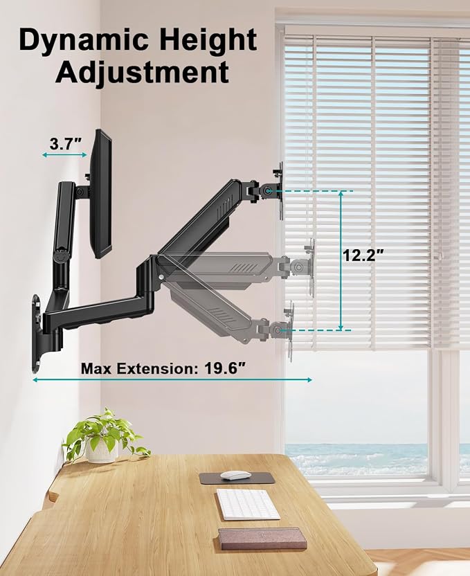 MOUNT PRO Dual Monitor Wall Mount for 2 Computer Screen up to 32 Inch, Gas Spring Double Monitor Arm Holds Up to 19.8lbs Each, Full Motion Adjustable Wall Monitor Mount, VESA Mount 75x75/100x100