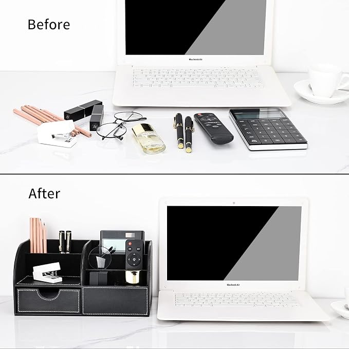 Pu Leather Desk Organizer Pen Pencil Holder Office Supplies Caddy Storage Box 6 Compartments with Drawer Black