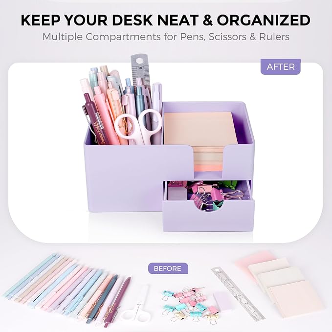 SKYDUE Small Desk Organizer with Drawer | 3 Compartments, Desk Pen Holder, For Home, School, Classroom & Office