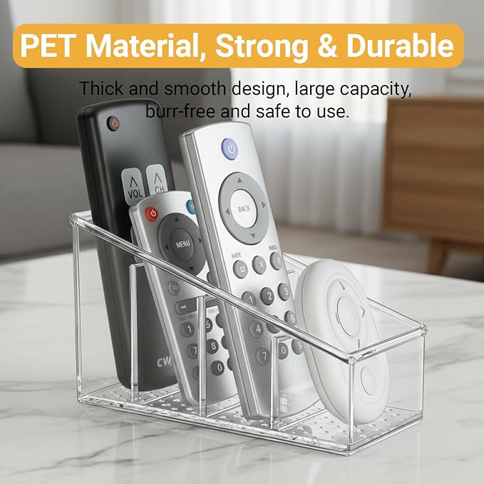 Clear TV Remote Control Holder, PET Remote Caddy with 4 Compartments, Mini Desktop Organizer for Remotes, Pens, Office Desk and Bedside