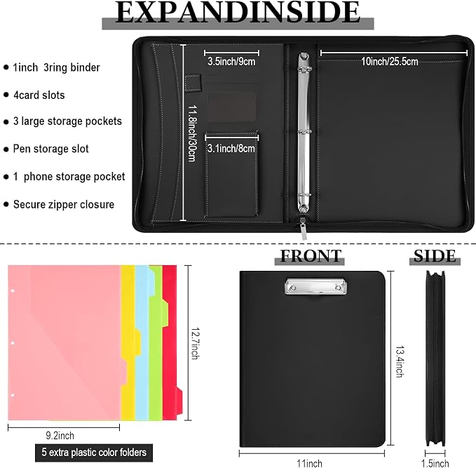 Gilprop Portfolio with 3 Ring Binder, Binder Padfolio with Zipper for Women Men, Leather Business Folder Organizer, 5 Folder Divider Pages for Tablet Resume Documents Business Cards(Black)