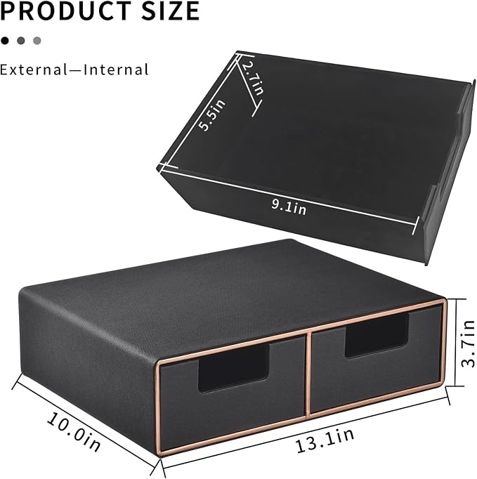Linen Leather Desk Organizer and monitor stand with Drawers－Mini Desktop Drawer Organizer Stackable－Tabletop Organization Storage Box for Office Supplies Home Vanity Toiletries (Black, 2-drawers)