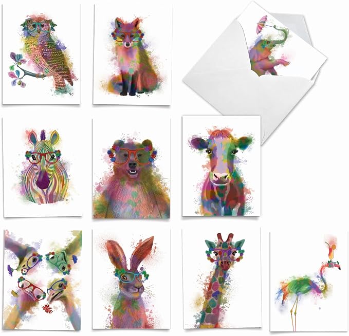 Best Card Co 10 Blank Watercolor Animal Note Cards Box Set 4 x 5 Inch + Envelopes Funky Rainbow Wildlife for Animal Lovers M4948OCB-B1x10-NB
