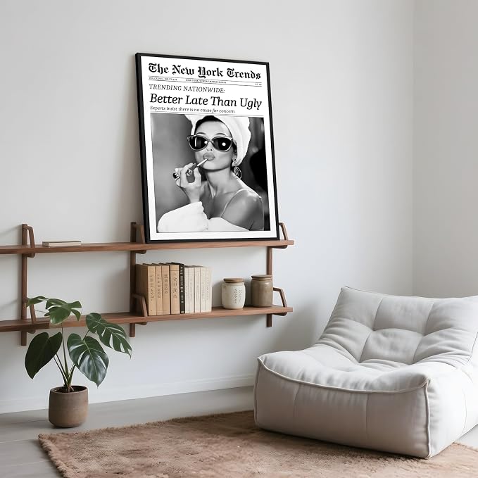 Framed Better Late Than Ugly Wall Decor Vintage Newspaper Wall Art Black and White Fashion Poster Audrey Hepburn Chic Decor New York Trends Glam Quote Canvas Print for Bedroom Bathroom Dorm 12x16inch