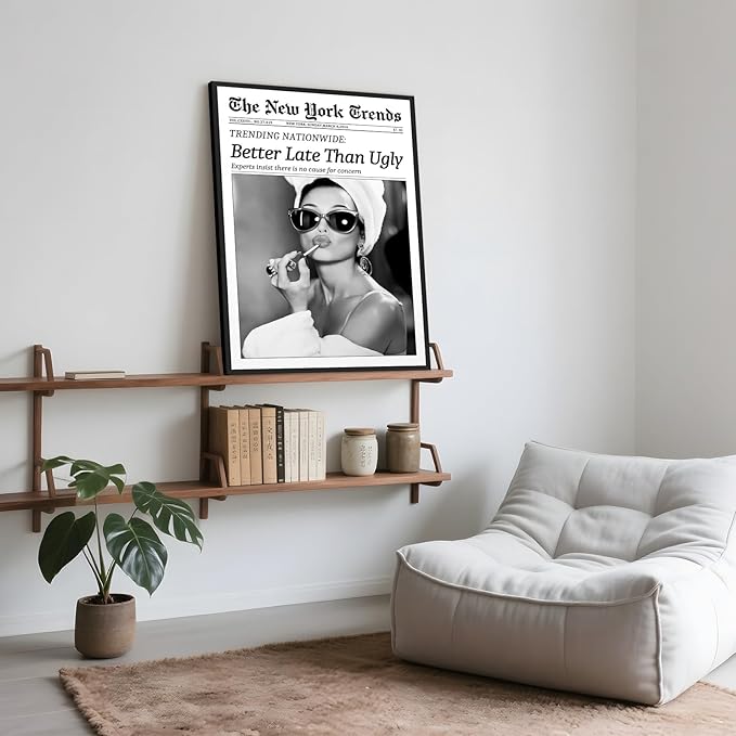 Framed Better Late Than Ugly Wall Decor Vintage Newspaper Wall Art Black and White Fashion Poster Audrey Hepburn Chic Decor New York Trends Glam Quote Canvas Print for Bedroom Bathroom Dorm 12x16inch