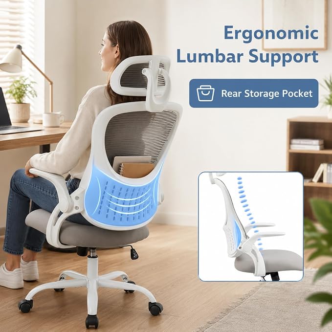 Grey Ergonomic Office Chair, High Back Mesh Desk Chair with Adjustable Headrest Lumbar Support, Computer Chairs with Flip-up Armrests and Thickened Cushion for Adults Home Office, 360° Swivel