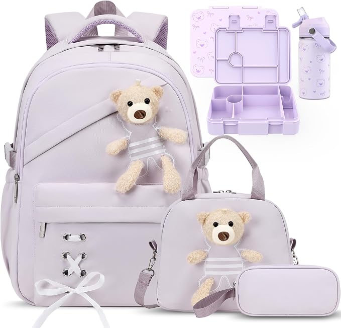 ACESAK Girls Backpack for School Set - 5 PCS Cute Girls Backpack with Lunch Box, Pencil Case, Bento Box & Insulated Water Bottle - Kawaii Casual Kids Bookbag Set Back to School Supplies (Purple)
