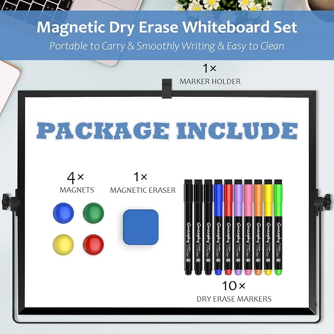 Dry Erase White Board, 16x12 Inches Double-Sided Desktop Whiteboard with Stand, Portable Whiteboard with Markers, Magnets, Eraser, Magnetic White Board Easel for Office Home Memo to Do List, Black