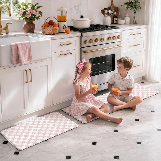KIMODE Kitchen Anti Fatigue Mats, Light Pink Checkered Home Decor Carpet | Geometric Kitchen Rugs Sets of 2,Padded Kitchen Mats for Floor,Cushioned Rugs for Kithcen Floor Sink Laundry 17"x47"+17"x29"