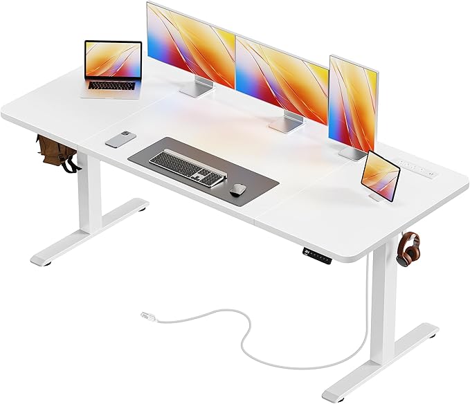 Huuger 63 X 24 Inch Electric Standing Desk with Power Outlets and USB-C Port, Height Adjustable Desk, Sit Stand Desk for Home Office, Computer & Gaming Desk with 4 Presets, Stable Steel Frame, White
