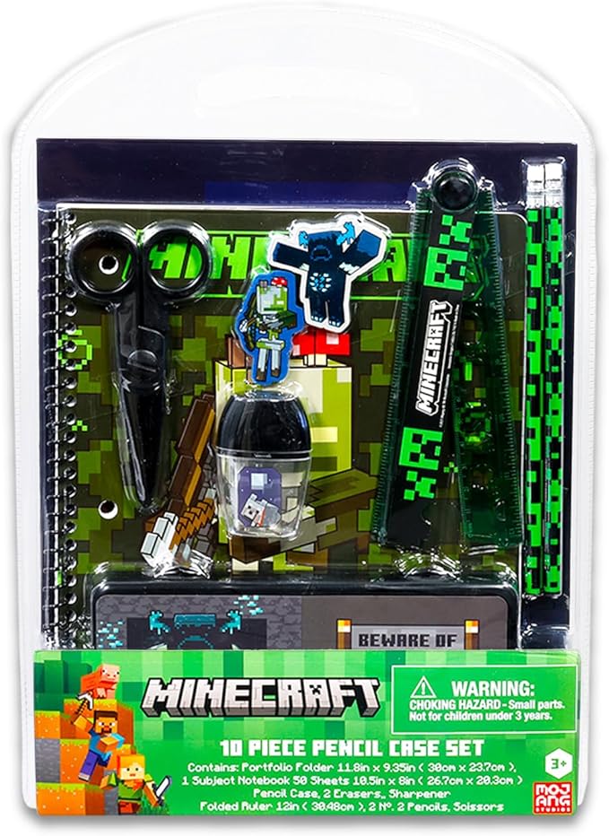 Minecraft School Supplies Set - Bundle with Creeper Folder, Notebook, Erasers, Stickers, and More | Minecraft Back to School Supplies Stationery Kit for Boys, Kids