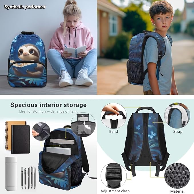 Kawaii Sloth Backpack Set for Girls, 4PCS Cute School Backpack with Lunch Box, Pencil Case & Water Bottle Sleeve, 17 Inch Elementary Bookbag for Kids Ages 6-8 Back to School