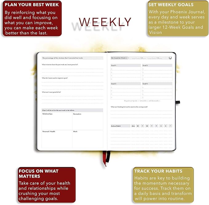 The Phoenix Journal - Quarterly Goal Planner, Daily Planner Journal & Organizer for Goal Setting, Productivity & Focus - Undated 12 Week Planner, Weekly & Monthly Planning, Habit Tracking - Hardcover (Purple)