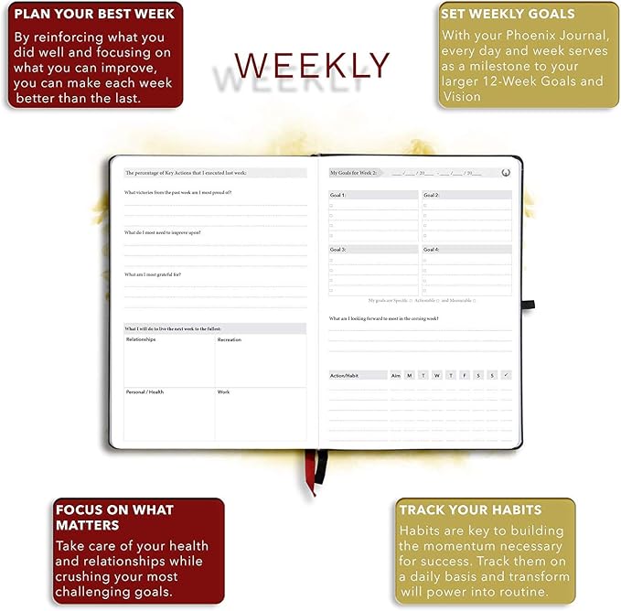 The Phoenix Journal - Quarterly Goal Planner, Daily Planner Journal & Organizer for Goal Setting, Productivity & Focus - Undated 12 Week Planner, Weekly & Monthly Planning, Habit Tracking - Hardcover - Black