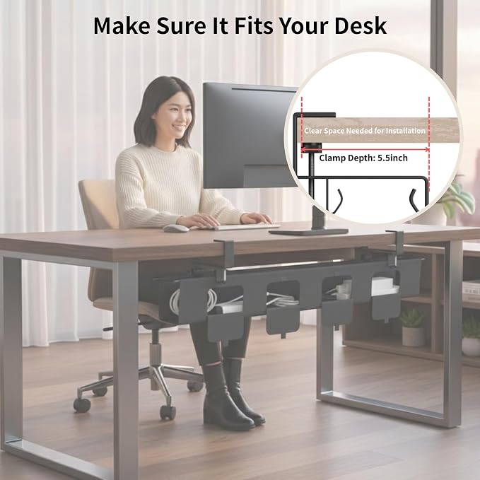 No Drill Under Desk Cable Management Tray, 47.5” Fabric Clamp Mount | Cord Organizer for Table, Heavy Duty Wire Management for Office Home, Black