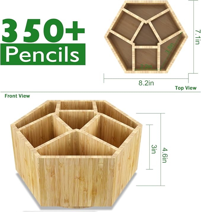 Bamboo Art Supply Organizer,Rotating Pencil Holder Back to School Supplies | Hold 350+ Pencils, for Pen, Colored Pencil, Art Brushes, Desktop Storage Caddy for Classroom & Art Studio