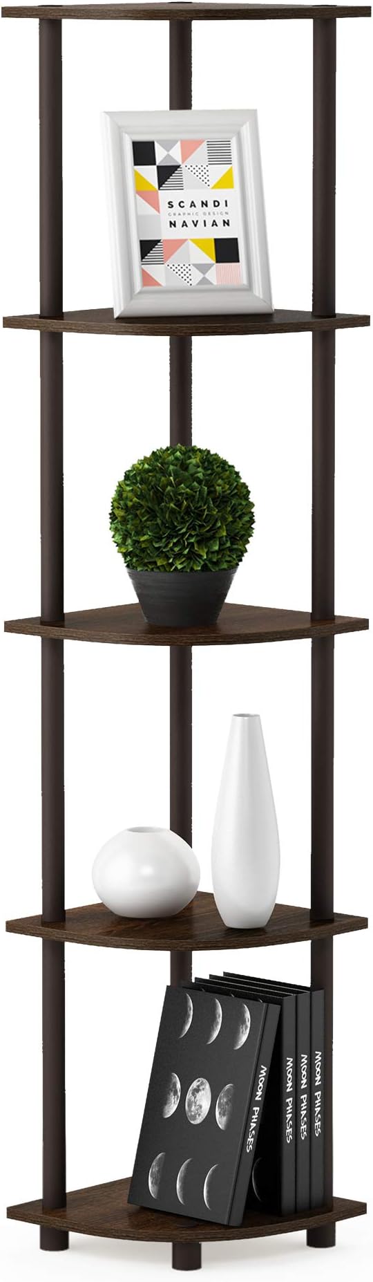 Furinno TURN-N-TUBE Corner Shelf, 5-Tier Corner Bookshelf, Open Storage Shelves, for Organization and Storage, Living Room, Home Office, Garage, Bedroom, Walnut