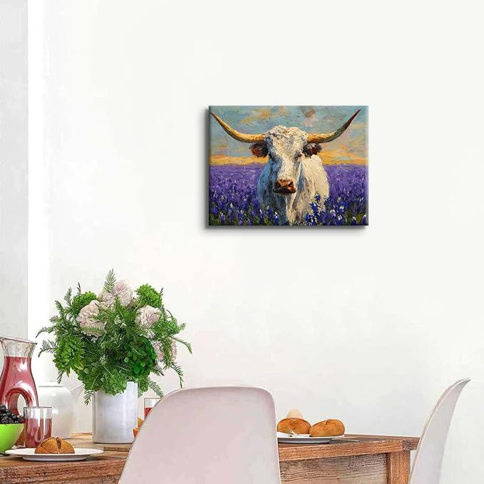 Purple Lavender Wall Art Highland Cow Wall Decor Abstract Nature Texas Longhorn Cow Canvas Picture for Kitchen Living Room Watercolor Sunset Meadow Scenery Poster Western Artwork Decoration 12x16”