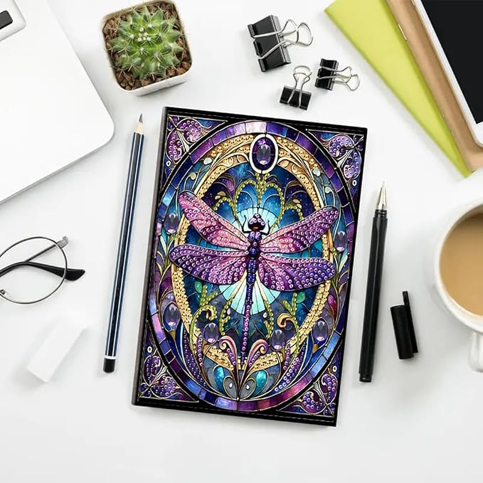 FRANDEK Pearl Painting Notebook Kit, Purple Dragonfly A5 DIY Journal with 50 Blank Pages, Diamond Gem Art Cover with Waterproof Canvas, Beginner Craft Set with Full Tools for Adults