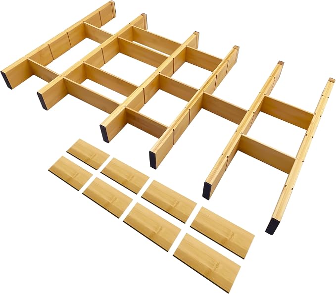 Expandable and Adjustable Bamboo Drawer Dividers with 12 Inserts, Kitchen Drawer Organizer
