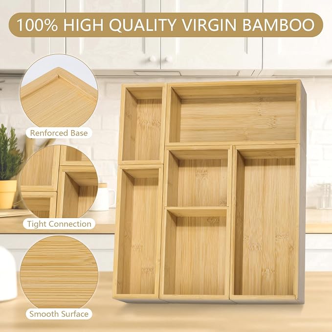 5 Pack Bamboo Drawer Organizer Set, Multi-Use Junk Drawer Organizer for Bathroom, Kitchen, Office, Jewelry, Makeup