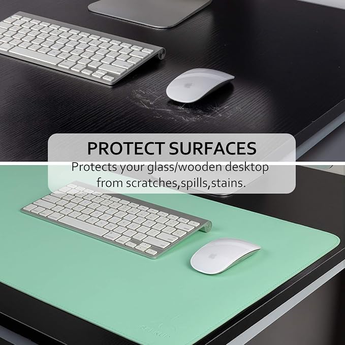 Green/Lake Blue Dual Sided PU Leather Desk Pad, Upgraded Sewing Laptop Mat, Waterproof Large Mouse Pad, Smooth Writing/Painting Mat Non-Slip Desk Protector/Decoration 31.5"x15.8" (80x40cm)