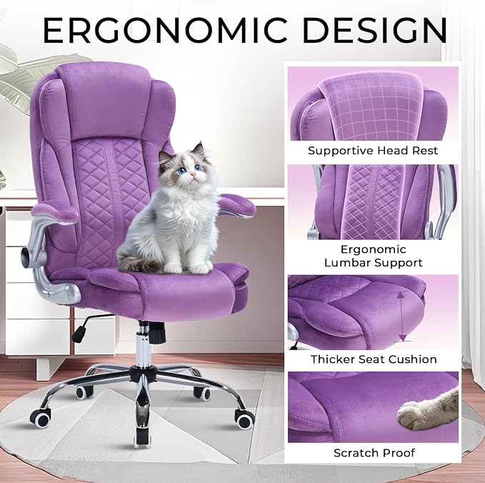 400lbs Executive Office Chair with Flip-Up Armrests, Big and Tall Computer Chair for Heavy People, Heavy Duty Ergonomic Comfy Chair, Breathable Plush Velvet(Purple)
