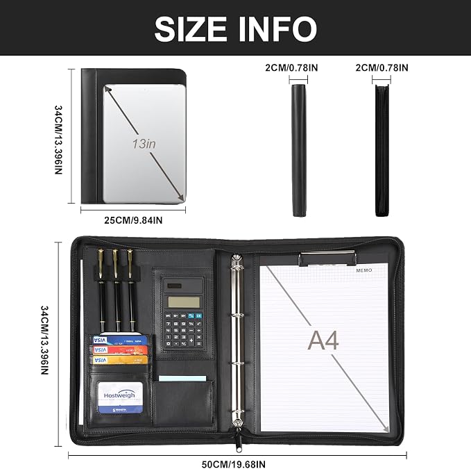 Leathario Portfolio Binder, Includes 10 Sheet Protectors and a Pen, 13 Inch Tablets Organizer, Vegan Leather A4 Padfolio, Multi-Pocket Notepad Business Planner Professional 3 Ring Document