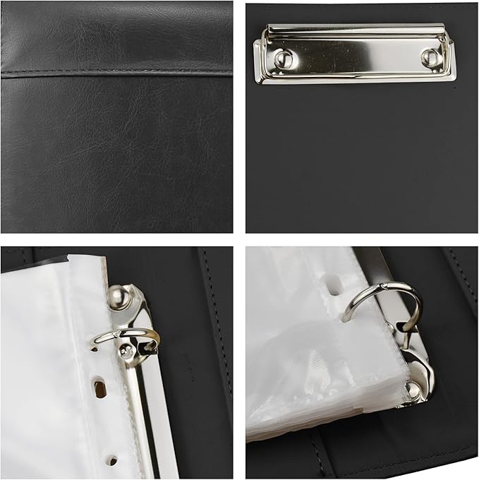 PU Leather Padfolio Ring Binder with Clipboard Resume Leather Portfolio with 20 Clear Plastic Sleeves Black