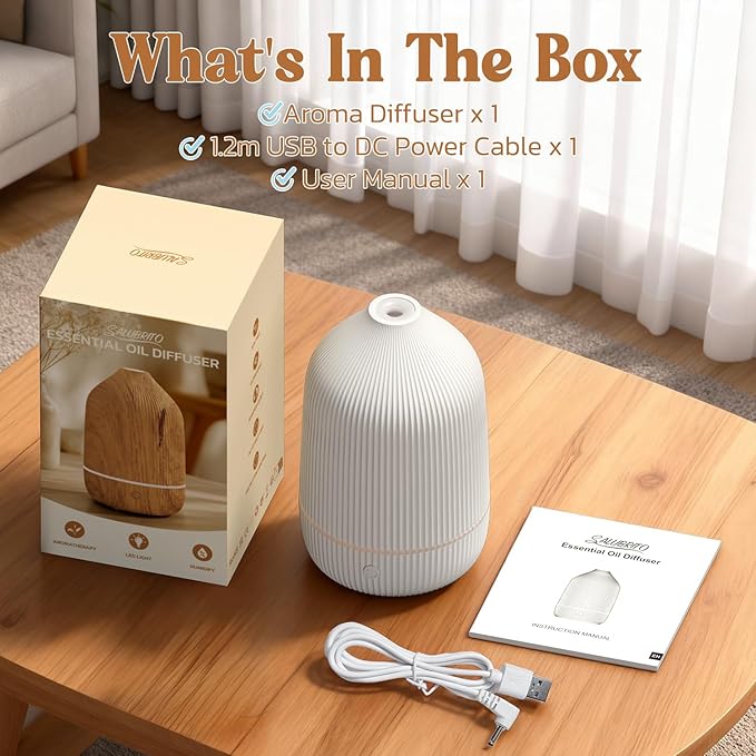 Essential Oil Diffuser, 100ml Aromatherapy Diffuser, Mini Ultrasonic Diffuser for Essential Oil, Home, Office, Cool Mist Humidifier with 7 Led Light, Auto Shut-Off, White