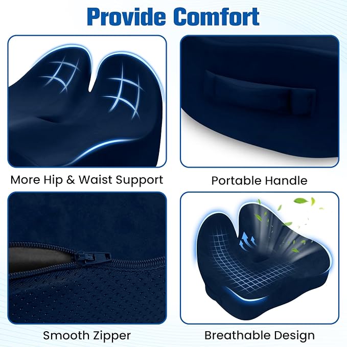 Seat Cushion, Chair Cushions, Memory Foam Office Chair Cushion | Hip & Sciatica & Tailbone Pain Relief, Long Sitting Comfort for Office Chairs/Desk Seats/Wheelchair (Large, Blue)