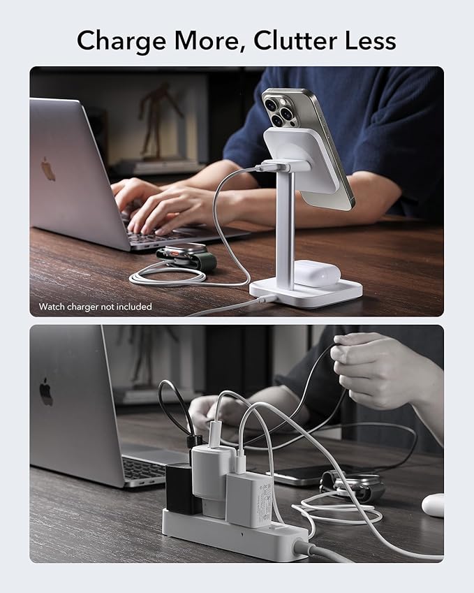 ESR 2 in 1 Charging Station for Apple, MagSafe Charger Stand for iPhone [Certified], Magsafe Charging Station for Multiple Devices iPhone 17e/17/16/15/14/13/12, Apple Watch, & AirPods, White