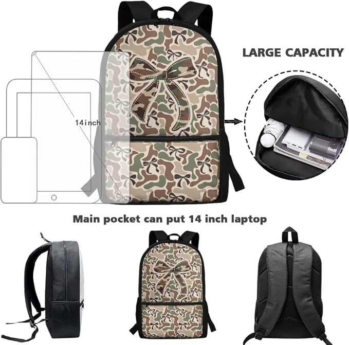 WELLFLYHOM 17 Inch Camo Bow School Backpack Set for Girls 5-8, 4 in 1 Set | Khaki Book Bag with Lunch Box Pencil Pen Case Water Bottle Sleeve for Primary School Students