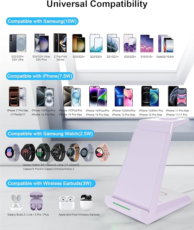 Wireless Charger for Samsung Charging Station, ADADPU 3 in 1 Charging Station for Multiple Devices Dock for Samsung Galaxy S25 S24 Ultra S23 S22 S21 Z Flip/Fold 5, Galaxy Watch 7/6/5/4/3/Buds (Purple)