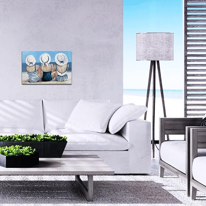Coastal Beach Wall Art Bathroom Wall Decor Nautical Theme Picture Teen Girls Bedroom Decor Retro Vintage Blue Ocean Poster Swimsuit Girl Painting Beauty Room Artwork Beachy Home Decorations 12x16”