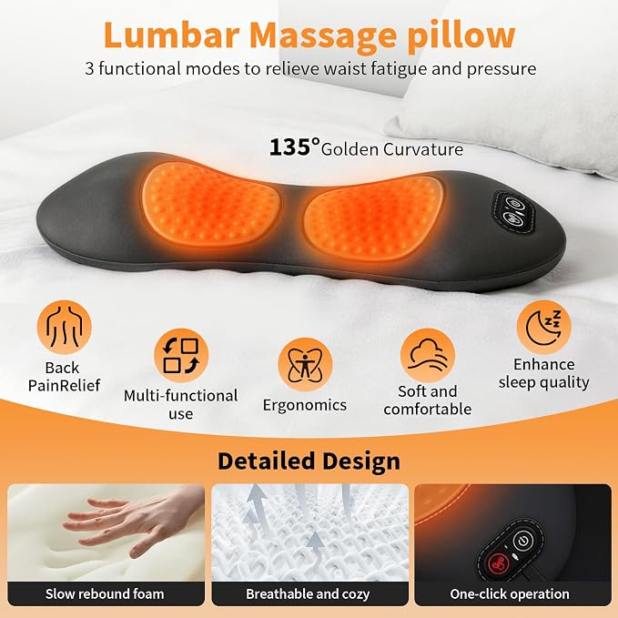 3-in-1 Electric Lumbar Support Pillow, Triple Fusion Back Massager with Heat & Massage & Traction, Back Massager for Pain Relief Deep Tissue, Designed for Daily Back Relaxation and Spine Support