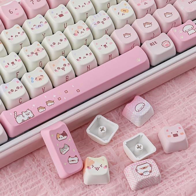 Tsungup Cute Cat Keycaps Set,Pink Pixel Mao Profile Keycaps,132 Keys PBT Custom Key Caps Keyboard Keycap for 60%,65%,75%,100% Mechanical Keyboard