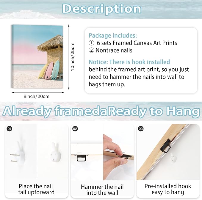 CHDITB Coastal Beach Pastel Framed Canvas Wall Art, Ocean Summer Scenery Artwork, Boho Seaside Cottage Wall Decor, Pink Sand Wave Beach Hut Art Prints For Living Room Bedroom Decor 8”x10”x6