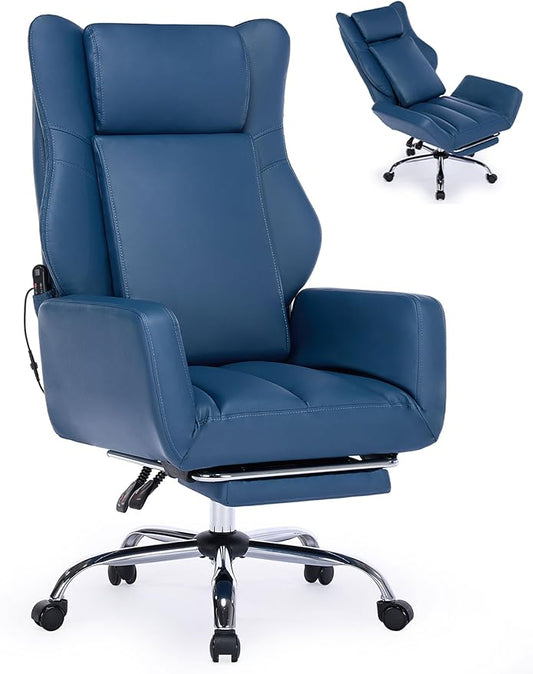 DYHOME Blue Leather Office Chair with Massage and Footrest, Heavy Duty Task Desk Chairs, Swivel Ergonomic Computer Gaming Chairs with Lumbar Support, Wheels Flip-up Arms Adjustable Height