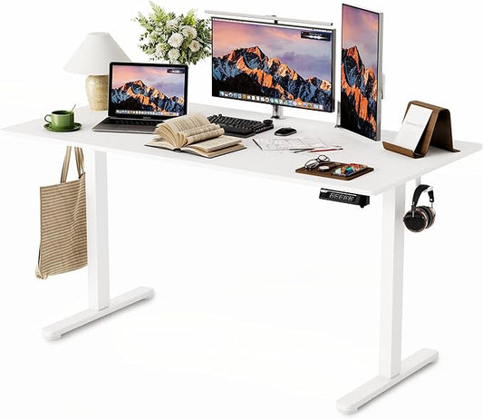 Monomi 55 Inch Electric Standing Desk, Height Adjustable Sit Stand Up, Work Home Office Computer PC Desks, Gaming Writing Study Bedroom Rising Table with Two-Piece Desktop, White