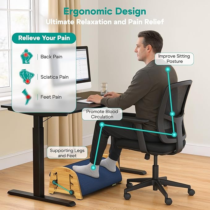 Ergonomic Foot Rest Under Desk at Work, Bamboo Wood Adjustable Foot Stool Under Desk with 6 Positions, Office Footrests with Memory Foam, Leg Rest Used for Car, Home, PC Gaming Accessories