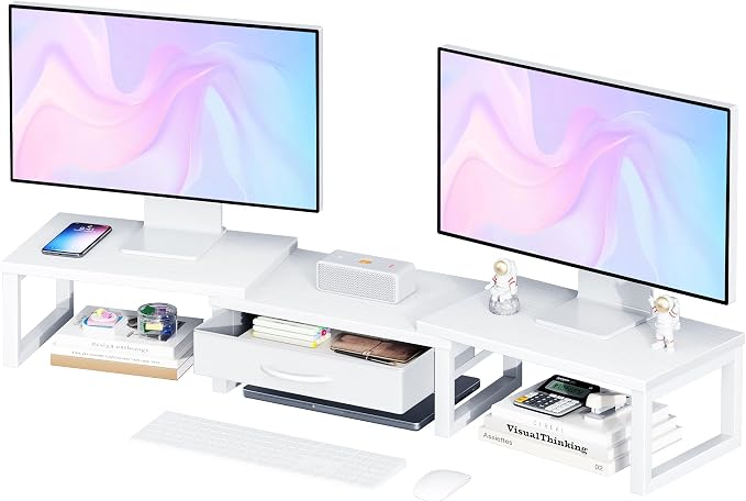 Dual Monitor Stand Riser, Desk Organizers and Accessories with Drawer, Computer Monitor Stands for Desk, Adjustable Desktop Shelf for PC Laptop Printer TV, White