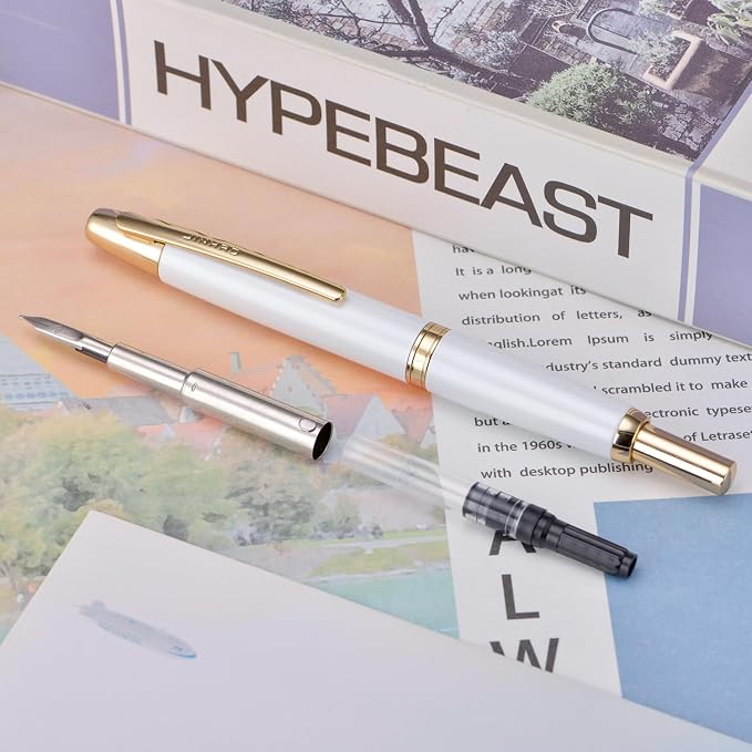 Jinhao 10 Press Fountain Pen with Box, Pearl White Retractable Fine Nib with Converter Set (Golden Clip)