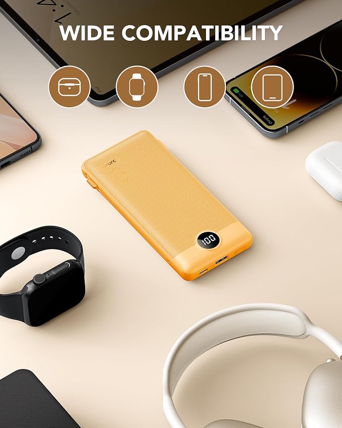 Portable Charger Built-in Cables and AC Wall Plug,VRURC Power Bank 10000mAh | Travel Battery Phone Charger Compact Lightweight External Battery Pack for Smart Phones, Tablets - Orange