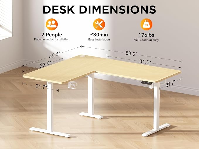 WALKINGDESK 55X45 Inches Reversible L Shaped Standing Desk Height Adjustable with Cup Holder, Electric Corner Computer Desk, Sit Stand up Home Office Desk, Ergonomic Gaming Desk, Oak