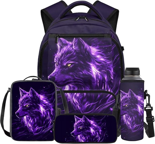Wolf Backpack with Lunch Box Kids Cool Bookbag Set of 4 Lightweight 4th Grade Backpack for Boys Back to School Supplies with Front Pocket 17 inch School Bag Set for Boys 8