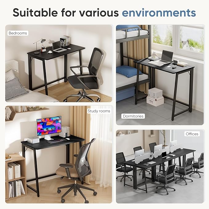 DUMOS 31.5 Inch Folding Desk, Foldable Computer Table for Small Spaces, Metal Frame Gaming Writing Work Station, Mini Home Office Surface, Black