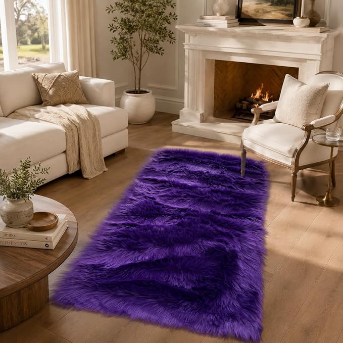 EasyJoy Faux Sheepskin Rug, Fluffy Faux Fur Rug, Ultra Soft Shag Area Rug with Non-Slip Backing for Bedroom, Living Room, Nursery, Kids Room(2 x 4 ft Rectangle, Dark Purple)