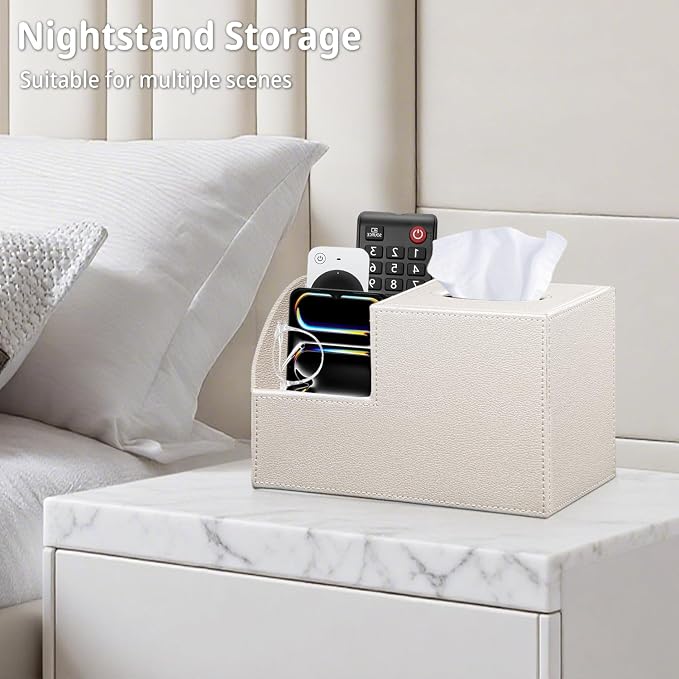 Square Tissue Box Cover with Storage, PU Leather Cube Tissue Box Holder, Remote Control Nightstand Organizer, Modern Desk Caddy for End Table, Bathroom, Bedroom, Home, Office Decor | TV Remote Control Holder, Desk Accessories Nightstand Organizer, Mode...